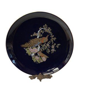 Vintage Japanese‎ Peacock Decorative Plate Navy Blue Ceramic 10.5" 2000